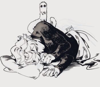 1boy blanket brushbuddy creature fingernails highres iria_arts long_sleeves lying male_focus monochrome on_side pillow qifrey_(tongari_boushi_no_atelier) simple_background sleeping tongari_boushi_no_atelier