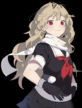 1girl black_background black_gloves black_ribbon black_serafuku black_shirt black_skirt blonde_hair cowboy_shot gloves hair_flaps hair_ornament hair_ribbon hairclip highres kantai_collection nanana_(sp6z7fa9) neckerchief pleated_skirt red_eyes red_neckerchief ribbon sailor_collar sailor_shirt scarf school_uniform serafuku shirt skirt smile solo white_sailor_collar white_scarf yuudachi_(kancolle) yuudachi_kai_ni_(kancolle)