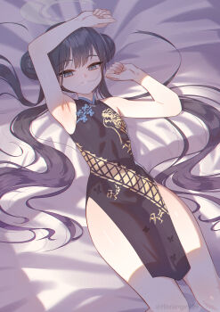 1girl absurdres armpits bed_sheet black_dress black_hair blue_archive breasts china_dress chinese_clothes commentary double_bun dragon_print dress grey_eyes grey_halo hair_bun halo highres horange kisaki_(blue_archive) long_hair looking_at_viewer lying on_back pelvic_curtain print_dress sleeveless sleeveless_dress small_breasts solo thighs twintails twitter_username