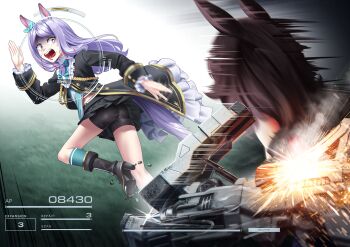2girls absurdres animal_ears aqua_bow aqua_bowtie aqua_ribbon aqua_socks armored_core armored_core_vi:_fires_of_rubicon ass bike_shorts bike_shorts_under_skirt black_boots black_jacket black_shorts black_skirt boots bow bowtie brown_hair coat commentary_request ear_bow ear_ribbon frilled_coat frilled_jacket frills gameplay_mechanics green_bow green_bowtie green_socks heads-up_display health_bar highres horse_ears horse_girl horse_tail jacket long_hair long_sleeves manjo_(warito) mejiro_mcqueen_(frontline_elegance)_(umamusume) mejiro_mcqueen_(umamusume) multiple_girls open_mouth pile_bunker pleated_skirt purple_eyes purple_hair ribbon rice_shower_(umamusume) running shirt shorts shorts_under_skirt skirt socks tail teeth umamusume upper_teeth_only user_interface weapon