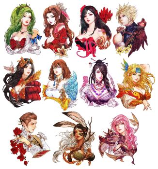 2boys 6+girls aerith_gainsborough animal_ears artist_name balflear bandana black_dress black_hair blonde_hair blue_bandana blue_eyes branch breasts brown_hair cleavage cloud_strife commentary dress english_commentary final_fantasy final_fantasy_ix final_fantasy_vi final_fantasy_vii final_fantasy_x final_fantasy_xii final_fantasy_xiii fran_(ff12) garnet_til_alexandros_xvii green_eyes green_hair grey_eyes hair_ornament hair_over_one_eye hair_stick heterochromia high_ponytail highres in-franchise_crossover large_breasts lightning_farron long_hair lulu_(ff10) multiple_boys multiple_girls parted_bangs parted_lips pink_hair ponytail rabbit_ears red_dress red_eyes red_ribbon ribbon rikku_(ff10) simple_background smile square_enix tifa_lockhart tina_branford traditional_media vhyrel white_background white_hair yuna_(ff10)
