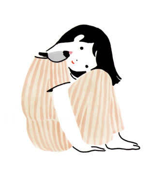 ._. 1girl animal animal_on_shoulder arm_support barefoot beige_dress bird bird_on_shoulder black_hair bleeding blending blood closed_mouth dot_nose dress from_side full_body hair_behind_ear head_tilt hirasawa_minami java_sparrow knees_up long_dress looking_at_viewer looking_to_the_side medium_hair original short_sleeves simple_background sitting smile solo striped_clothes striped_dress swept_bangs vertical-striped_clothes vertical-striped_dress white_background