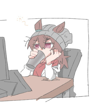 Rule 34 | 1girl, animal ears, beanie, beer hsk, brown hair, chair, commentary request, desk, ears through headwear, grey hat, hair between eyes, hat, holding, horse ears, jacket, long hair, long sleeves, monitor, nakayama festa (umamusume), off shoulder, office chair, on chair, open clothes, open jacket, purple eyes, red shirt, ribbed hat, shirt, solo, swivel chair, umamusume, upper body, white background, white jacket