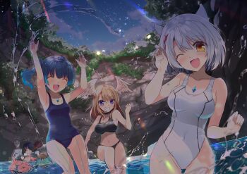 3boys 3girls alternate_costume bikini black_bikini blue_eyes breast_tattoo breasts brown_hair chest_jewel commentary_request eunie_(xenoblade) fiery_hair glowing_lines head_wings highres lanz_(xenoblade) large_breasts manana_(xenoblade) medium_hair mio_(xenoblade) multiple_boys multiple_girls night night_sky noah_(xenoblade) nopon old_school_swimsuit one-piece_swimsuit outdoors riku_(xenoblade) school_swimsuit sena_(xenoblade) sky star_(sky) starry_sky swimsuit taion_(xenoblade) tattoo wading watsuki_ayamo wings xenoblade_chronicles_(series) xenoblade_chronicles_3