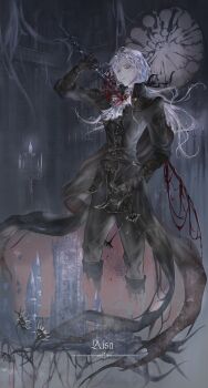 1girl ajsaart black_coat black_gloves black_shirt blood blood_on_clothes blood_splatter bloodborne bloody_weapon brooch candle candlestand castle coat curtains english_text floating_hair flower frills full_body gloves highres holding holding_sword holding_weapon impaled indoors jewelry lady_maria_of_the_astral_clocktower long_hair looking_at_object no_feet parted_lips self-harm shirt solo standing sunflower sword weapon white_eyes white_hair withered