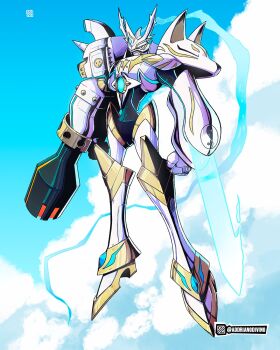 Rule 34 | addriano divino, arm blade, arm cannon, armor, clenched hands, digimon, digimon (creature), dukemon, energy sword, full body, fusion, highres, mecha, robot, saintgalgomon, sakuyamon, solo, sword, weapon, white armor