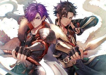 2boys braid brown_hair chakram claude_von_riegan closed_mouth commentary english_commentary fire_emblem fire_emblem:_three_houses fire_emblem_warriors:_three_hopes hair_over_one_eye holding holding_kunai holding_weapon kunai looking_at_viewer male_focus male_shez_(ninja_mercenary)_(fire_emblem) multiple_boys nintendo one_eye_covered purple_hair saku_(soreca49) smile weapon white_background