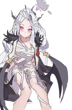 1girl ahoge alternate_costume armband bandaged_head bandages bat_wings black_horns black_jacket black_wings blue_archive closed_mouth coa_(35_seno) curled_horns demon_girl demon_horns demon_wings dot_mouth dot_nose expressionless feet_out_of_frame forehead fur-trimmed_jacket fur_trim grey_halo hair_ornament hairclip halloween_costume halo highres hina_(blue_archive) horns invisible_chair jacket jacket_on_shoulders long_hair looking_at_viewer low_wings middle_part multiple_horns mummy_costume naked_jacket no_pupils parallel_hairclips parted_bangs petite purple_eyes red_armband simple_background sitting sketch solo tsurime very_long_hair white_background white_hair wings