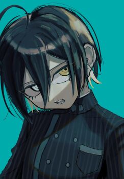 Rule 34 | 1boy, ahoge, black hair, breast pocket, buttons, danganronpa (series), danganronpa v3: killing harmony, foca (sello20582612), green background, hair between eyes, highres, long sleeves, looking up, lower eyelashes only, male focus, open mouth, pinstripe jacket, pinstripe pattern, pocket, portrait, ringed eyes, saihara shuichi, short hair, sidelighting, solo, yellow eyes