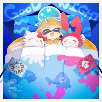 1girl 2018 artist_name blanket blonde_hair blue_bow blush_stickers border bow captain_yue closed_eyes collared_shirt commentary_request creature creature_on_head crossover dated fangs hair_bow head_on_pillow hello_kitty hello_kitty_(character) holding holding_creature inkling inkling_girl inkling_player_character jellyfish_(splatoon) long_hair long_sleeves lying my_melody nintendo on_back onegai_my_melody open_mouth pillow red_bow sanrio shirt skin_fangs sleeping smile splatoon_(series) tentacle_hair twintails under_covers watermark white_border yellow_shirt