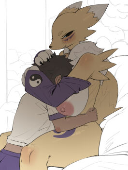 1boy 1girl alternate_breast_size_(larger) animal_ears animal_nose arms_around_neck black_sclera blue_eyes body_fur breasts colored_sclera digimon digimon_(creature) facial_mark fox_ears fox_girl fox_tail furry furry_female hand_on_another&#039;s_head highres hug huge_breasts neck_fur nipples purple_sleeves renamon snout solo_focus tail two-tone_fur white_fur yellow_fur yin_yang zhou135627