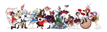 6+girls absurdres ahoge animal_ears antenna_hair apron aqua_hair arms_behind_head arrow_(symbol) arrow_print aura bamboo barefoot belt biwa_lute black_belt black_boots black_dress black_eyes black_hair black_hat black_neckerchief black_pantyhose black_shirt black_shoes black_skirt black_vest blonde_hair blue_bow blue_bowtie blue_dress blue_eyes blue_hair blue_ribbon boots bow bowl bowl_hat bowtie braid breasts brooch broom brown_boots brown_hair brown_sandals buttons cape chain chained chained_wrists checkered_clothes checkered_skirt chest_jewel cirno closed_eyes closed_mouth collar collared_cape collared_dress collared_jacket collared_shirt cross-laced_clothes crossed_legs dark_aura demon_horns detached_sleeves double_dealing_character dress drill_hair drum drum_set drumsticks fairy fighting_stance finger_to_cheek fingernails fins fire fish_tail floating floating_head floating_object floating_weapon flower flower_hairpin frilled_apron frilled_dress frilled_hair_tubes frilled_hat frilled_kimono frilled_ribbon frilled_shirt frilled_shirt_collar frilled_skirt frilled_sleeves frills gem gohei green_kimono green_ribbon hair_ornament hair_ribbon hair_tubes hairband hakurei_reimu hand_up hands_up hat hat_ornament hat_ribbon head_fins headdress height_difference highres holding holding_broom holding_drumsticks holding_instrument holding_knife holding_lute holding_mallet holding_needle holding_sewing_needle holding_weapon horikawa_raiko horns ice ice_wings imaizumi_kagerou instrument izayoi_sakuya jacket japanese_clothes jewelry juliet_sleeves kijin_seija kimono kirisame_marisa knife lace lace-trimmed_dress lace-up_boots lace_trim large_ribbon layered_dress leaf leaf_hair_ornament leaf_on_head long_hair long_sleeves looking_at_viewer lute_(instrument) maid maid_apron maid_headdress mallet mallet_(instrument) medium_hair mermaid miko mini-hakkero mini_person minigirl miracle_mallet mitsudomoe_(shape) monster_girl multicolored_dress multicolored_hair multiple_girls multiple_heads music musical_note neckerchief necktie needle night night_sky nontraditional_miko obi off-shoulder_dress off_shoulder on_rock open_hand open_mouth outstretched_arm pantyhose parted_bangs pink_hairband playing_instrument pleated_skirt ponytail print_dress puffy_long_sleeves puffy_short_sleeves puffy_sleeves purple_collar purple_hair purple_necktie purple_ribbon red_bow red_bowtie red_cape red_dress red_eyes red_hair red_kimono red_ribbon red_shoes red_skirt red_streaks red_vest ribbon ribbon_braid rock rod sandals sash sekibanki sewing_needle sharp_fingernails shirt shoes short_hair short_sleeves sidelocks simple_background singing single_braid sitting sitting_on_drum sitting_on_object skirt sky sleeveless smile socks spoken_musical_note standing standing_on_one_leg star_(sky) starry_sky streaked_hair string sukuna_shinmyoumaru taiko_drum tail teeth tomoe_(symbol) touhou tsukumo_benben tsukumo_yatsuhashi twin_braids twin_drills upside-down vest waist_apron waist_ribbon wakasagihime water waves wavy_hair weapon werewolf white_apron white_background white_dress white_hair white_headdress white_horns white_jacket white_ribbon white_shirt white_skirt white_sleeves white_socks wide_sleeves wings witch witch_hat wolf_ears wolf_girl wrist_cuffs yellow_dress yellow_eyes yellow_neckerchief yoiy_san