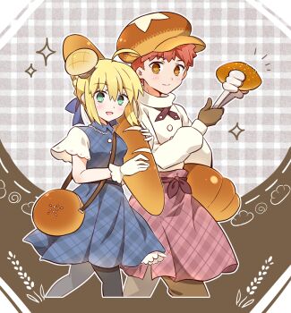 1boy 1girl apron artoria_pendragon_(fate) blonde_hair bread bread_slice couple emiya_shirou fate/stay_night fate_(series) food red_hair saber_(fate) tsuchiya_madose