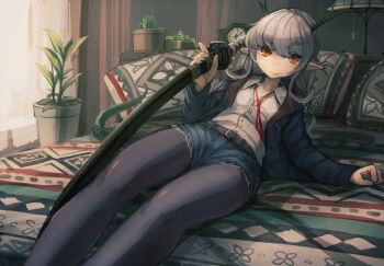 1girl antlers arm_support bee_(deadflow) belt belt_buckle black_pantyhose blue_shorts buckle cactus clock closed_mouth collared_shirt concon-collector curtains cutoffs denim denim_shorts dragon_girl dragon_tail dress_shirt eyebrows fang fang_out female_focus from_below horns indoors jacket katana kuryuu_kohaku lamp long_hair long_sleeves looking_at_viewer lying neck_ribbon on_back on_bed open_clothes open_jacket orange_eyes outstretched_arm pantyhose pantyhose_under_shorts pillow plant pointy_ears potted_plant red_ribbon ribbon shirt shorts silver_hair smile solo sword tail weapon white_shirt