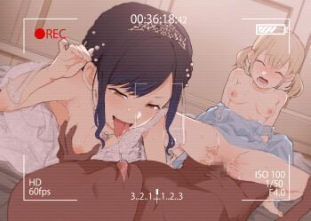 1boy 2girls azusawa_kohane black_hair blue_dress blue_hair blush censored clothed_female_nude_male clothes_pull commentary_request cowgirl_position dark-skinned_male dark_skin dress dress_pull female_pubic_hair ffm_threesome french_kiss group_sex hair_behind_ear hetero highres indoors interracial jacket kiss lace lace-trimmed_dress lace_trim light_blue_hair multiple_girls nipples no_bra nude o_lmro open_mouth pink_jacket project_sekai pubic_hair pussy recording saliva saliva_trail sex shiraishi_an straddling threesome tiara tongue tongue_out tucking_hair twintails user_interface vaginal viewfinder white_dress