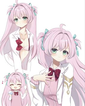 1girl ahoge apron aqua_bow aqua_eyes blush_stickers bow bowl bowtie bra breasts cardigan cleavage closed_eyes closed_mouth eighth_note hair_bow hand_on_own_chest highres holding holding_bowl holding_spoon jacket long_hair momozono_meru multiple_views musical_note muv-luv muv-luv_girls_garden open_clothes open_jacket open_mouth open_shirt pink_apron pink_bra pink_cardigan pink_hair red_bow red_bowtie rice_bowl shamoji shirt spoon two_side_up uikurumi88 underwear white_background white_jacket white_shirt