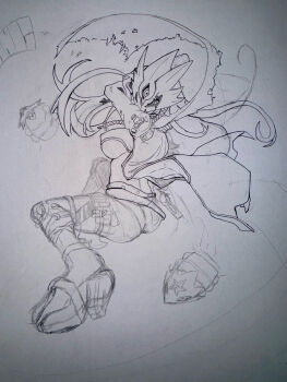 beelstarmon beelstarmon_x-antibody belt breasts digimon digimon_(creature) graphite_(medium) highres long_hair mask monochrome sketch third_eye traditional_media underboob unfinished