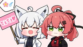 Rule 34 | 2girls, ahoge, animal ears, black jacket, black shirt, blush, chibi, chibi only, closed eyes, closed mouth, commentary request, dohoon, fox ears, fox girl, green eyes, hair ornament, hairpin, highres, holding, holding sign, hololive, hololive grand theft auto, jacket, long hair, multiple girls, open mouth, pink background, pink hair, ponytail, red shirt, sakura miko, shirakami fubuki, shirt, sign, simple background, smile, sweatdrop, virtual youtuber, white hair, white jacket