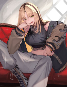 1girl :d black_jacket black_shirt black_streaks blonde_hair boots braid breasts commentary_request couch curtained_hair genshu_doki green_eyes grey_pants halter_shirt halterneck hand_up highres hololive hololive_dev_is indoors jacket jewelry koganei_niko koganei_niko_(1st_costume) lace-up_boots large_breasts letterman_jacket long_hair looking_at_viewer midriff navel necklace on_couch open_mouth pants see-through_clothes see-through_shirt shirt side_braid sitting sleeveless sleeveless_shirt slit_pupils smile solo straight_hair sukajan sweatpants virtual_youtuber white_boots