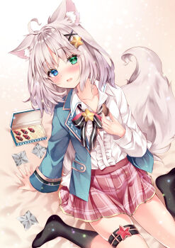 Rule 34 | 1girl, ahoge, animal ear fluff, animal ears, bed sheet, black ribbon, black socks, blue eyes, blue jacket, borrowed character, center frills, chocolate, collarbone, collared shirt, commission, eyelashes, food, fox ears, fox girl, fox tail, frills, green eyes, grey hair, hair ornament, happy, heterochromia, holding, holding chocolate, holding food, jacket, kneehighs, knees out of frame, layla (oda), long sleeves, looking at viewer, medium hair, miniskirt, neck ribbon, no shoes, nogi takayoshi, open clothes, open jacket, open mouth, original, plaid clothes, plaid skirt, pleated skirt, red skirt, ribbon, shirt, sitting, skeb commission, skindentation, skirt, smile, socks, solo, star (symbol), star hair ornament, star ornament, tail, thigh strap, wariza, white shirt, x hair ornament