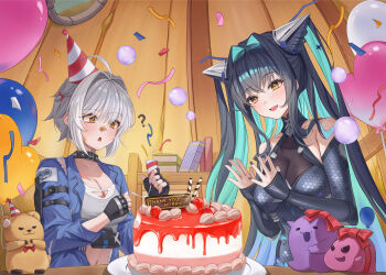 2girls ? absurdres ahoge bandaid bandaid_on_face bandaid_on_nose bare_shoulders birthday_cake black_bodysuit black_hair blue_jumpsuit blush bodysuit breasts cake cleavage colored_inner_hair crop_top elbow_gloves food gloves goddess_of_victory:_nikke grey_hair hair_intakes halterneck hat highres honeycomb_(pattern) honeycomb_print jumpsuit little_mermaid_(nikke) long_hair medium_breasts mori_(nikke) multicolored_hair multiple_girls navel party_hat party_popper richiman see-through_cleavage see-through_clothes short_hair smile twintails very_long_hair yellow_eyes