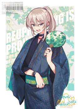 Rule 34 | 1girl, black choker, blue kimono, bracelet, choker, commentary request, earrings, fang, girls band cry, grey eyes, grey hair, hand fan, highres, holding, holding fan, japanese clothes, jewelry, kawaragi momoka, kimono, long hair, milk puppy, multicolored hair, multiple rings, open mouth, ponytail, ring, roots (hair), solo, teeth, twitter username, upper teeth only