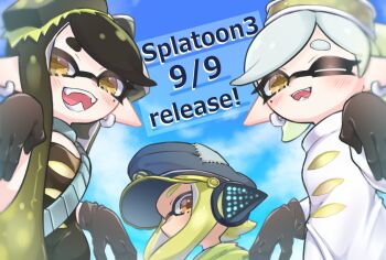 3girls :d ;d agent_3_(splatoon) amakusa_setoka black_gloves black_hair blue_headwear blue_sky callie_(alterna)_(splatoon) callie_(splatoon) captain_3_(splatoon) cloud cousins cross-shaped_pupils day earrings fangs gloves gradient_hair grey_hair hat highres inkling inkling_girl inkling_player_character jewelry light_green_hair marie_(alterna)_(splatoon) marie_(splatoon) mole mole_under_eye multicolored_hair multiple_girls nintendo one_eye_closed open_mouth orange_eyes outdoors patchwork_clothes peaked_cap pointy_ears short_hair sky smile splatoon_(series) splatoon_3 squidbeak_splatoon symbol-shaped_pupils teeth tentacle_hair two-tone_hair yellow_eyes