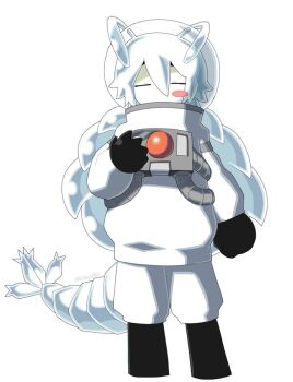 1boy antennae astronaut astronaut_helmet astronaut_suit blush_stickers closed_eyes cystisoma cystisoma_(animal) full_body humanization kokum0tsu long_hair male_focus monster_boy original solo solo_focus tail white_background white_hair