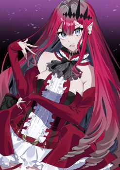 1girl baobhan_sith_(fate) baobhan_sith_(first_ascension)_(fate) bare_shoulders breasts center_frills detached_collar detached_sleeves dress earrings fate/grand_order fate_(series) frills grey_eyes highres jewelry large_breasts long_hair looking_at_viewer open_mouth pink_hair pointy_ears red_dress sidelocks solo tiara yuritoame