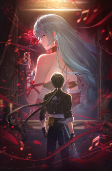 1boy 1girl absurdres bandaged_arm bandages bare_shoulders black_gloves black_hair black_jacket black_pants braid breasts closed_mouth commentary detached_sleeves earrings fingernails flower gloves grey_eyes grey_hair highres holding holding_flower holding_sword holding_weapon jacket jewelry long_hair looking_at_viewer looking_back low_ponytail low_twin_braids male_rover_(wuthering_waves) medium_breasts musical_note nail_polish pants phrolova_(wuthering_waves) ponytail red_nails rover_(wuthering_waves) single_detached_sleeve spider_lily sword twin_braids weapon wuthering_waves zani_journey