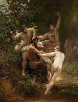 5boys animal_ears armpit_hair armpits ass astra_zero bara beard body_fur commentary completely_nude convenient_leg english_commentary eye_contact fine_art_parody from_side full_beard genderswap genderswap_(ftm) goat_boy goat_ears goat_horns goat_legs highres horn_grab horns interspecies large_pectorals looking_at_another male_focus mature_male monster_boy multiple_boys muscular muscular_male nipples nude nymph nymphs_and_satyr painterly parody pectorals realistic satyr smile sunlight thick_eyebrows thick_thighs thighs tree waving yaoi