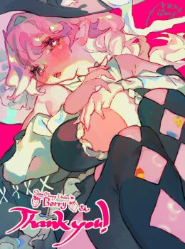 1girl berry_gellatina black_hat black_thighhighs breasts clothing_cutout commentary_request commission diamond_cutout feet_out_of_frame hat heart heart-shaped_pupils highres indie_virtual_youtuber large_breasts long_hair looking_at_viewer lying on_back open_mouth pink_hair pointy_ears shinjitsu_no_kuchi shirt shoulder_cutout skeb_commission solo symbol-shaped_pupils thighhighs virtual_youtuber white_shirt witch_hat