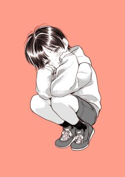 1boy blush child full_body greyscale greyscale_with_colored_background highres hood hoodie kiripico male_focus monochrome original red_background short_hair shorts solo squatting