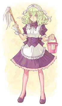 1girl alice_soft bow bucket duster feather_duster female_focus frills green_hair grey_eyes maid mouri_teru pantyhose rance_(series) rance_quest sengoku_rance solo wata_guarana