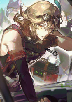 Rule 34 | 2boys, absurdres, alhaitham (genshin impact), arm wrap, black shirt, blonde hair, blue sky, blush, chest harness, commentary, day, detached sleeves, english commentary, feather hair ornament, feathers, genshin impact, glasses, gloves, goggles, goggles on head, green feathers, hair between eyes, hair ornament, hand on own chin, harness, highres, holding, holding wrench, hoyofair, kaveh (genshin impact), kaveh (teyvat turboflux) (genshin impact), long sleeves, looking at viewer, male focus, mehrak (genshin impact), miothle, multiple boys, outdoors, parted lips, red eyes, red gloves, shirt, short hair, sidelocks, sky, sleeveless, sleeveless shirt, sweat, sweatdrop, wrench