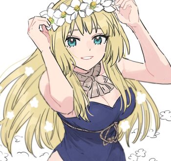 1girl bare_shoulders blonde_hair blue_dress blue_eyes breasts cleavage dr._stone dress flower green_eyes grin head_wreath kani_diggy long_hair looking_at_viewer medium_breasts official_alternate_costume ruri_(dr._stone) simple_background smile solo strapless strapless_dress upper_body white_background white_flower