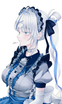 Rule 34 | 1girl, absurdres, ahoge, aokumo rin, apron, belt, blue eyes, blue hair, blue skirt, blunt bangs, breasts, center frills, choker, closed mouth, collar, colored inner hair, commentary, dress, elbow gloves, frills, from side, gloves, grey shirt, hair ornament, hair ribbon, hair rings, hairclip, highres, large breasts, long hair, looking ahead, maid, maid headdress, mole, mole under eye, multicolored hair, puffy short sleeves, puffy sleeves, ribbon, shirt, short sleeves, signature, simple background, single hair ring, skirt, smile, solo, stellive, streaked hair, two-tone hair, upper body, vini (frisco), virtual youtuber, white background, white belt, white gloves, white hair