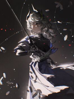 1girl absurdres arknights black_eyes black_shirt blue_dress blue_skirt commentary cross cross_earrings cross_scar dress earrings gloves grey_background grey_gloves grey_hair head_wings highres holding holding_sword holding_weapon irene_(arknights) irene_(the_adjudicatrix_and_her_resolve)_(arknights) jewelry jiuxiaoshi long_hair long_skirt looking_to_the_side rapier scar scar_across_eye scar_on_face shirt short_sleeves simple_background skirt solo sunlight sword turtleneck turtleneck_shirt weapon wings