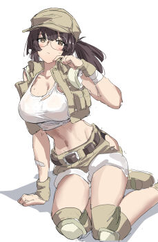 1girl baseball_cap belt breasts brown_eyes brown_hair clothing_cutout crop_top cropped_vest fio_germi glasses hat highres hip_vent huanxiang_huifeng knee_pads large_breasts metal_slug midriff navel open_clothes open_vest ponytail round_eyewear short_shorts shorts sitting sketch solo sweat utility_vest vest wristband yokozuwari