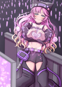 1girl anyoji_hime bare_shoulders belt black_pants black_shirt black_shorts blonde_hair braid collarbone commentary_request crotchless crotchless_pants feet_out_of_frame ganbarai glowstick gradient_hair handheld_game_console heart heart_hands heart_in_heart_hands high_heels highres linea_alba link!_like!_love_live! long_hair looking_at_viewer love_live! midriff multicolored_hair navel nyao_signyal off-shoulder_shirt off_shoulder official_alternate_costume pants penlight_(glowstick) pink_hair purple_belt shirt shorts side_braids solo twin_braids virtual_youtuber wavy_hair