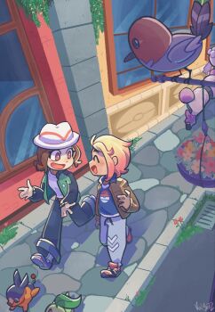 1boy 1girl bird black_pants blonde_hair blue_shirt brown_eyes brown_hair brown_jacket chikorita city closed_eyes day fedora fletchling furfrou gen_2_pokemon gen_5_pokemon gen_6_pokemon gradient_hair grey_pants harmony_(pokemon) hat highres jacket looking_at_another multicolored_hair multiple_girls nintendo open_clothes open_jacket open_mouth outdoors pants pink_hair pokemon pokemon_(creature) pokemon_legends:_z-a shirt signature stone_walkway tepig two-tone_hair urbain_(pokemon) valynnz walking white_hat white_shirt