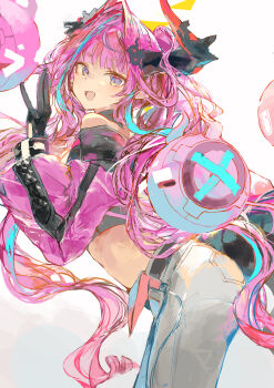 1girl absurdres arknights arknights:_endfield black_gloves blue_eyes blue_hair gloves highres ichika_(ichika87) long_hair looking_at_viewer multicolored_hair open_mouth pants pink_hair solo streaked_hair two-tone_hair white_pants yvonne_(arknights)