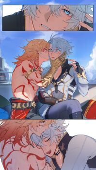 2boys abs absurdres antenna_hair arm_tattoo armlet between_pecs between_pectorals black_choker black_coat black_gloves black_shirt blonde_hair blue_eyes blue_sky braid chest_tattoo choker clawed_gauntlets coat commentary earrings english_commentary facial_tattoo fingerless_gloves gloves gold_earrings gold_necklace gradient_hair hair_between_eyes hand_on_another&#039;s_cheek hand_on_another&#039;s_face head_between_pecs highres honkai:_star_rail honkai_(series) jewelry kiss kissing_cheek leaning_on_person male_focus medium_hair multicolored_hair multiple_boys mydei_(honkai:_star_rail) neck_tattoo necklace open_clothes open_coat parted_bangs pectorals phainon_(honkai:_star_rail) red_hair red_tattoo shirt short_hair side_braid sky sn0w_002 tattoo toned toned_male white_coat white_hair yaoi yellow_eyes