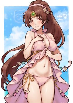 1girl bikini blush breasts brown_eyes brown_hair cleavage cloud commission fire_emblem fire_emblem:_mystery_of_the_emblem fire_emblem_heroes highres ko-fi_commission linde_(fire_emblem) linde_(summer_rays)_(fire_emblem) long_hair medium_breasts navel nervous nintendo pink_bikini ponytail rotomdocs sky solo swimsuit thighs tiara very_long_hair