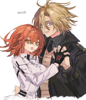 1boy 1girl ahoge black_coat black_gloves black_jacket blonde_hair chaldea_logo coat command_spell commentary_request daybit_sem_void dress fate/grand_order fate_(series) fujimaru_ritsuka_(female) fujimaru_ritsuka_(female)_(decisive_battle_chaldea_uniform) gloves highres interlocked_fingers jacket long_hair looking_at_viewer medium_hair open_clothes open_jacket orange_eyes orange_hair purple_eyes shirt smile wari_gorilevel white_jacket