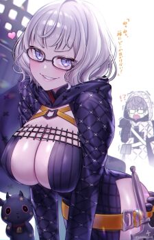 1boy 1girl absurdres baby_animal belt black_dress black_jacket blue_eyes breasts cleavage cropped_jacket dress dual_persona fate/grand_order fate/grand_order_arcade fate_(series) glasses grey_hair grin highres hood hooded_jacket jacket jacques_de_molay_(foreigner)_(fate) jacques_de_molay_(foreigner)_(second_ascension)_(fate) jacques_de_molay_(saber)_(fate) lamb large_breasts long_sleeves looking_at_viewer open_clothes open_jacket sheep short_dress short_hair smile sword thighs translation_request weapon yayoi_maka
