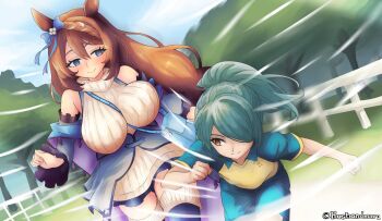 Rule 34 | 1boy, 1girl, androgynous, animal ears, bag, between breasts, blue eyes, blue hair, breasts, brown hair, highres, horse ears, horse girl, huge breasts, husbandmaru, inazuma eleven (series), kazemaru ichirouta, long hair, motion blur, orange eyes, racing, raimon, raimon soccer uniform, shoulder bag, sleeveless, sleeveless turtleneck, soccer uniform, sportswear, strap between breasts, super creek (umamusume), thighhighs, trap, turtleneck, umamusume