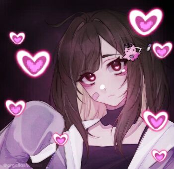 1girl aegyo_sal ahoge argaliasheaven bandaid bandaid_on_cheek bandaid_on_face blonde_hair brown_hair cat_hair_ornament closed_mouth expressionless hair_intakes hair_ornament heart jacket long_hair looking_at_viewer love_angel_syndrome mole mole_under_eye multicolored_hair pill_hair_ornament pink_eyes pixel_heart purple_background purple_jacket purple_shirt shirt short_twintails sleeves_past_fingers sleeves_past_wrists solo twintails upper_body yuuna_(love_angel_syndrome)