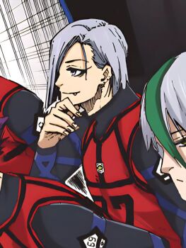 artist_request black_eyes blue_lock fang fang_out green_streaks himizu_aiki lowres sitting smile source_request tagme white_hair