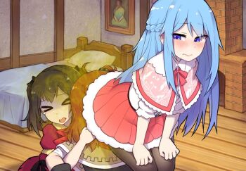 &gt;_&lt; 13o 3girls black_hair blue_hair blush brown_hair fart fart farting_in_face forced forced_to_smell leaning_back lost_treasures multiple_girls room sitting sitting_on_face sitting_on_person smell tagme